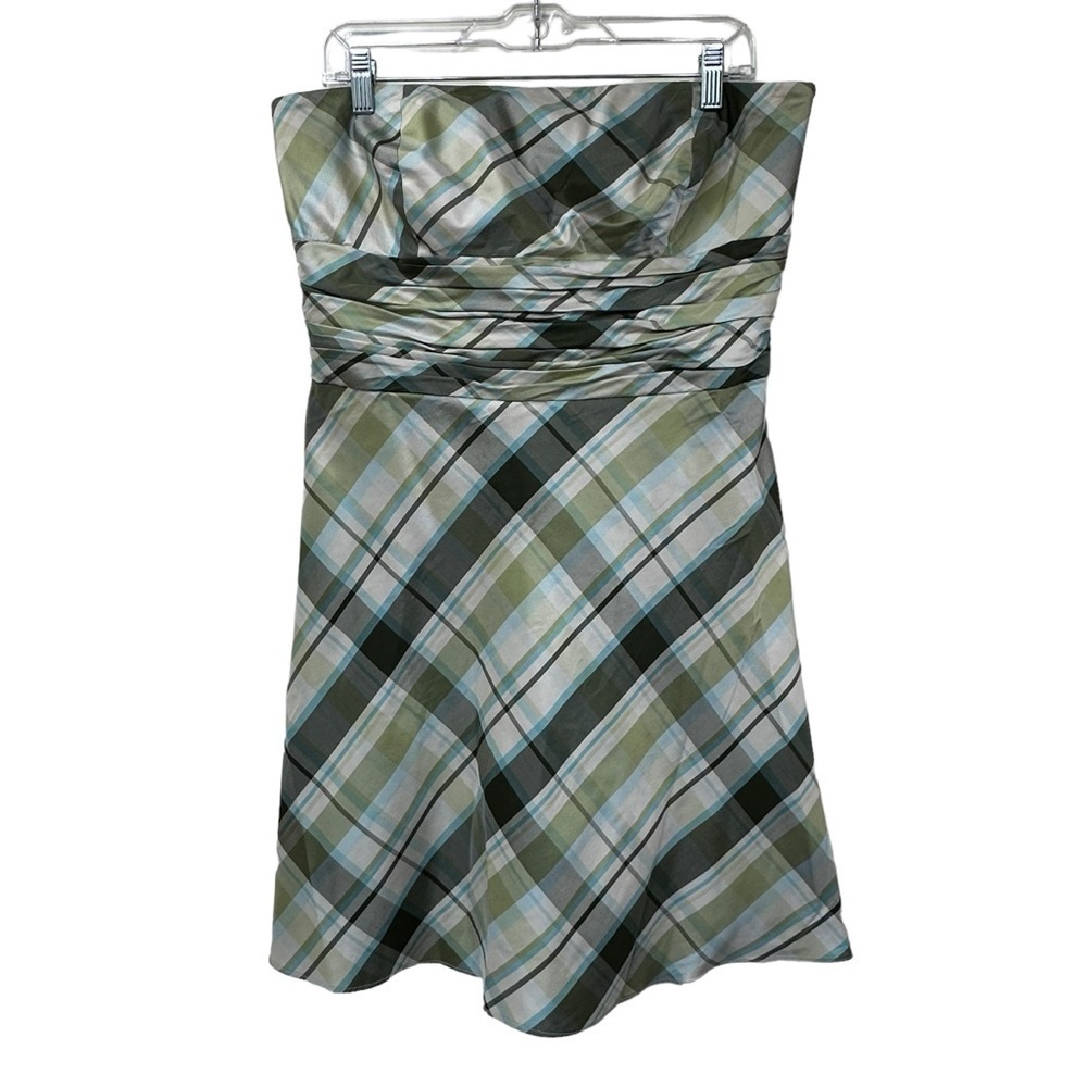 Ann Taylor Strapless Plaid Dress in Green and Blue